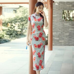 Spring and Summer New High Quality Real Silk Improved Printed Cheongsam Qipao Women’s Dress Long Tea Art