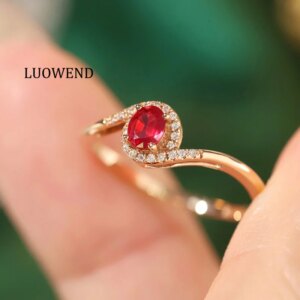 LUOWEND 100% 18K Yellow Gold Rings Elegant Simple INS Style Shiny Diamond Natural Ruby Ring for Women High Engagement Jewelry