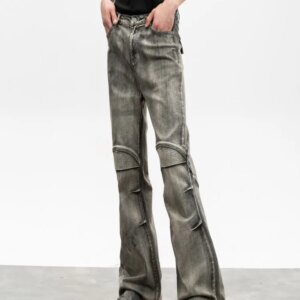 Heavy Industry Wasteland Leisure Washed-out Distressed Bell-Bottom Pants Jeans Trousers for Men and Women