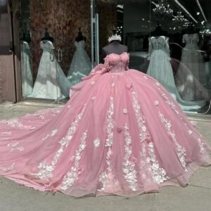 Pink Shiny Quinceanera Dresses Off The Shoulder Applique Flower Beads Bow Tull Corset Vestidos De 15 Anos Birthday Party Princes
