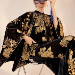 New Chinese style luxurious embroidery print design coat cape dress suit women