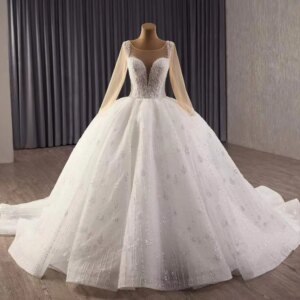 Bruiloftsjurk O-Neck Long Sleeve Sequins Ball Gown Lace Up Back Customized White Wedding Dresses