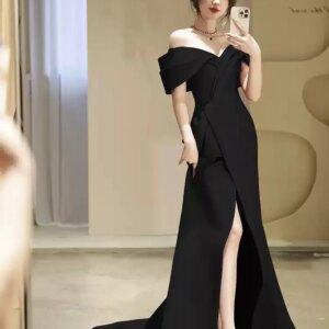 Fancy Mermaid Evening Dress Satin Off the Shoulder Side Split Satin Prom Dresses Sweep Train Party Dress