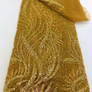 Gold Latest French Tulle Beaded Sequins Lace Fabric 5 Yards 2025 High Quality Nigerian African Lace Fabrics For Wedding Party