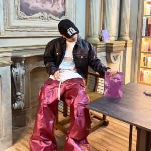 Coated Red Purple Laser Surface Niche Accumulation Multi-Pocket Wide Leg Mop Bell-Bottom Pants Men and Women