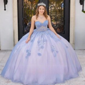 Customized Blue Princess Quinceanera Dresses Beaded lace applique long Tull corset skirt and A-line Vestidos De 15 Años
