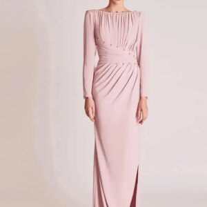 Pink Chiffon Long Sleeve Pearls Side Slit Mother Of Bride Dress Blackless Wedding Party Evening Prom Gown فستان المساء