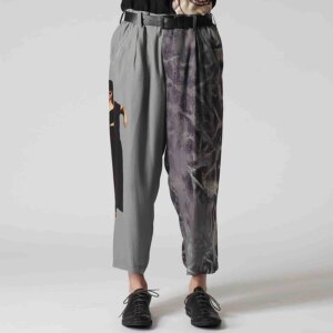 YOJI OOAK original design silk pants with different patterns feel asymmetrical casual pants for men