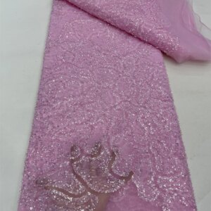 Pink 5 Yards Sequins Lace Fabric African Fabric Lace High Quality 2025 Beaded Lace Fabric For Wedding Sewing