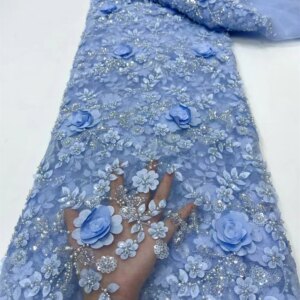 Sky Blue Luxury Fabric For Dress 5 Yards With Beads 3D Lace Fabric Embroidery French Tulle Lace Fabric For Wedding Dress A678-1