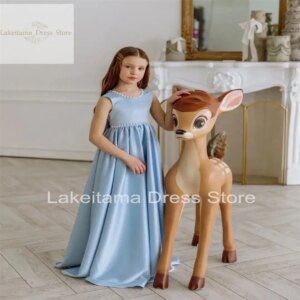 Elegant Satin Sleeveless Fluffy Bow Belt Flower Girl Dress Pearl Decoration Princess Ball First Communion Gowns Birthday Gift