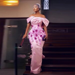 Pink Off The Shoulder Prom Dresses With 3d Flowers Sexy Backless With Big Bow Mermaid Evening Gowns Women Formal Wear Customized