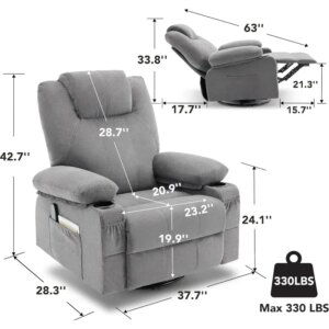 Swivel Rocker Recliner Chair With Heat And Massage, 360 Degree Swivel Rocking Single Sofa With Cup Holders And USB Port(Grey)