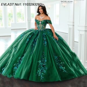 EVLAST Customized Glitter Dark Green Quinceanera Dress Ball Gown Applique Beading Bow Corset Sweet 16 Vestido De 15 Anos E1Q272