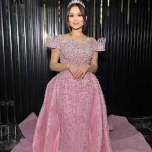 Robes Bal De Promo Pink 3D Lace Evening Dress With Detachable Overskirt Princess Wedding Party Gown Engagements Dress Customized