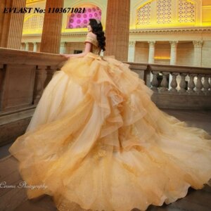 EVLAST Customized Gold Quinceanera Dress Ball Gown Applique Beading Tiered Mexico Corset Sweet 16 Vestidos De 15 Anos SQ743