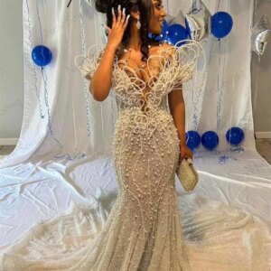 Custom Made Pearls Mermaid Engagement Party Dress Off Shoulder Elegant Long Women Evening Dresses Robes De Soiree Birdal Gowns