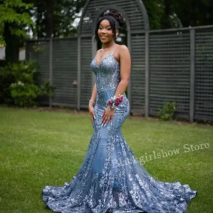 Sky Blue Spaghetti Straps Evening Dresses V Neck Bodice Silver Beaded Applique Black Girls Birthday Party Red Carpet Customised
