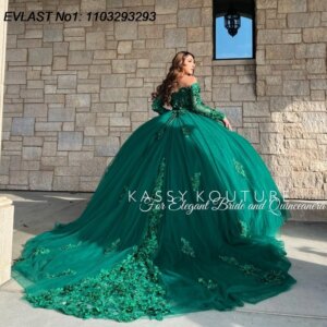 EVLAST Customized Dark Green Quinceanera Dress Ball Gown Long Sleeve Floral Applique Beading Sweet 16 Vestido De 15 Anos E1Q290