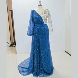 High Quality Blue Beading Embroidery Evening Dress With Applique New Fashion Female Floor Party Prom Gowns