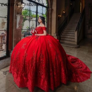 EVLAST Customized Glitter Red Quinceanera Dress Ball Gown Lace Applique Beading Bow Corset Sweet 16 Vestido De 15 Anos E1Q119