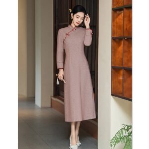 Fashion Improvement New Chinese Style a Cheongsam Qi Pao Large Swing Skirt Winter Daily Wearable