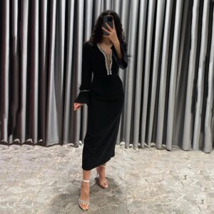 Customized Simple Exquisite Rhinestone Plunging Neckline Evening Dresses Feathers Long Sleeves Prom Dress Tea Length WEdding Gu