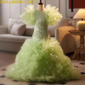 Customized Light Green Child Formal Events Evening Party Gowns Flower Girl Dresses For Wedding Appliques Beads Sequin Gorgeous