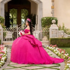 Customized Rose Red Off Shoulder Quinceanera Dress Tul applique crystal Long tail Bow vestidos de 15 Quinceanera