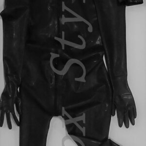 Full cover latex catsuits with front zipper to back (hoods separated, gloves and socks attached) in whole black