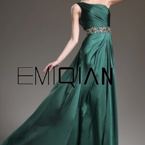 Long Evening Dresses A-Line One Shoulder Beaded Chiffon Formal Prom Evening Gowns Dark Green vestido de noite