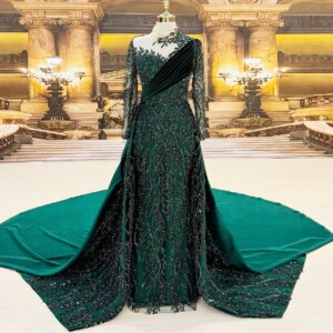 Customized Emerald Green Lace Evening Dress Muslim with Detachable Train Long Sleeves Prom Gowns Beading Wedding Party Dress