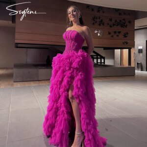Shiny Fuschia Pink Tulle A Line Evening Dresses Strapless Long Princess Prom Party Dress Customized Beading Celebrate Ball Gowns