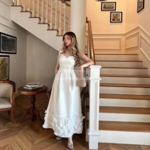 Customized White Prom Dresses V-Neck Spaghetti Strap A-Line Long Evening Dress Lace Appliques Ankle-length Sleeveless Party Gown