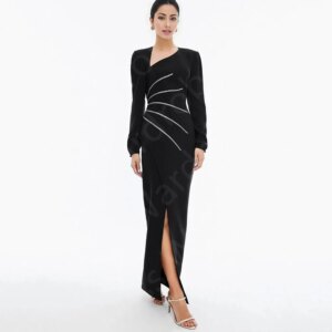 Customized New Arrival Black Prom Dresses Long Sleeves 2024 Wedding Party Dresses Beading V Neckline Evening Gowns Side Split