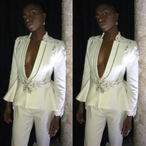 Sexy Deep V Neck Women Pants Suits 2 Pcs Slim Fit Beaded Blazer Customized Wedding Guest Formal Wear Evenings Party Show Outfit