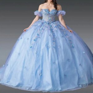 Customized Sky Blue Quinceanera Dresses Ball Gown Off Shoulder Appliques Flower Bow Tull Birthday 16 Dress Vestidos De 15 Anos