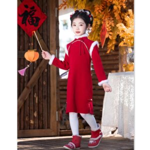 Red, Girls  Year Clothes Winter Fashion Improvement Thickened European Cotton Velvet Jacquard Daily Children’s Cheongsam Qi Pao