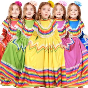 A fashionable children’s and girls’ hit five-color Mexican ethnic Spanish dress with a large skirt, stage performance outfit