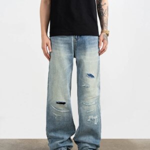 High Street Hole & Patch Straight Jeans Summer Distressed Men’s and Women’s Loose Trousers