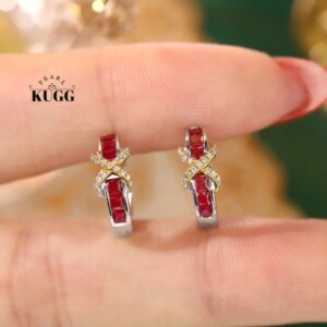 KUGG 100% 18K White&Yellow Gold Earrings Fashioin Design Natural Diamond Natural Ruby Hoop Earrings for Women High Party Jewelry