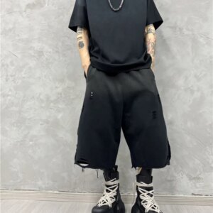 Heavy Dark Retro Washed Gradient Ripped Leisure Middle Pants Fashion Trendy Loose Cropped Shorts Men