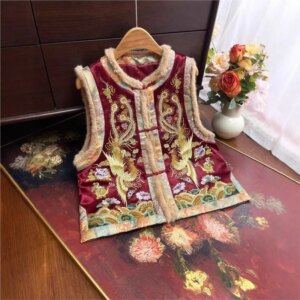 New Chinese heavy industry embroidery cotton waistcoat silk satin vest national style pan fur collar clip
