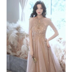Champagne Evening Dress 2025 New Spring Banquet Temperament Formal Dress Women Elegant Evening Dresses Hanging Neck Sequins