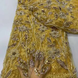 African Heavy Elegant Embroidery Beaded Lace Fabric Nigerian Sequins Lace Fabric For Wedding Party,2025 ZX
