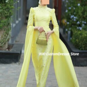 Customized Luxury Evening Dresses Scoop Neckline Prom Dresses A-Line Floor-Length Beadings Long Sleeves Vestidos De Festa