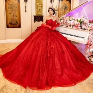 Red Shiny Quinceanera Dresses Ball Gown Off The Shoulder Applique Lace Beading Bow Tull Party Birthday Sweet 16 Dress Vestidos