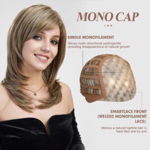 Long Straight Layered Lace Front Wig with Bangs Mixed Light Brown Monofilament Wigs for Women Daily Heat Resistant Futura Fiber