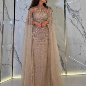 Customized Mermaid Elegant Cape Sleeves Beaded Luxury Evening Dresses Gowns For Women Arabic Party Dresses Crystals Prom Dresses