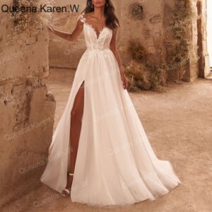 Elegant Wedding Dress sweetheart lace applique bride dress high split robe de mariee A line Wedding Bridal Gown
